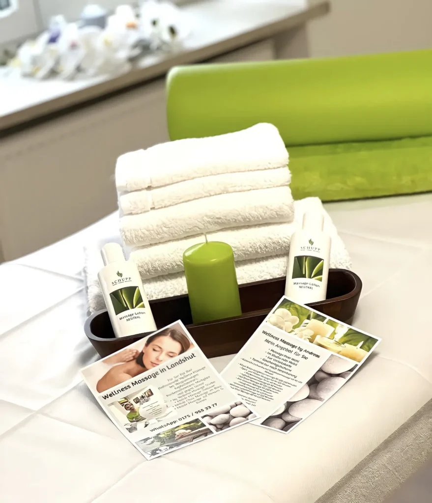 Handtücher, Kerze, Massageöle und Flyer im Massagestudio